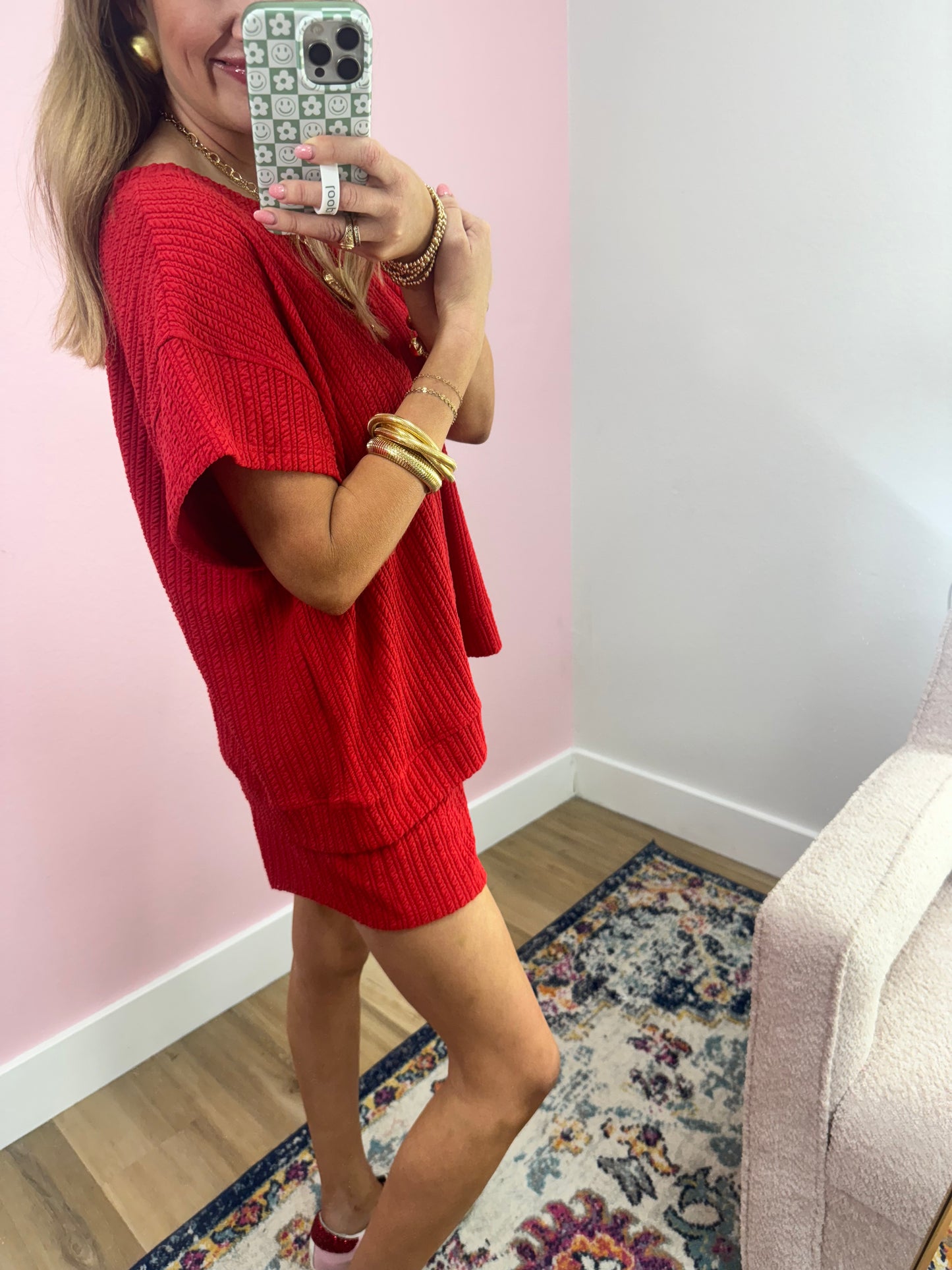 Red Textured Knit Two Piece Short Set