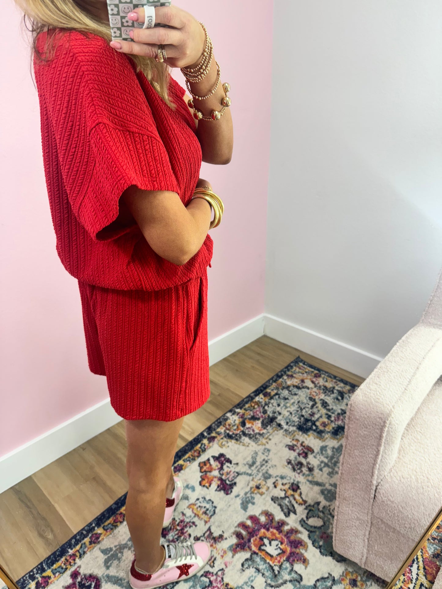 Red Textured Knit Two Piece Short Set