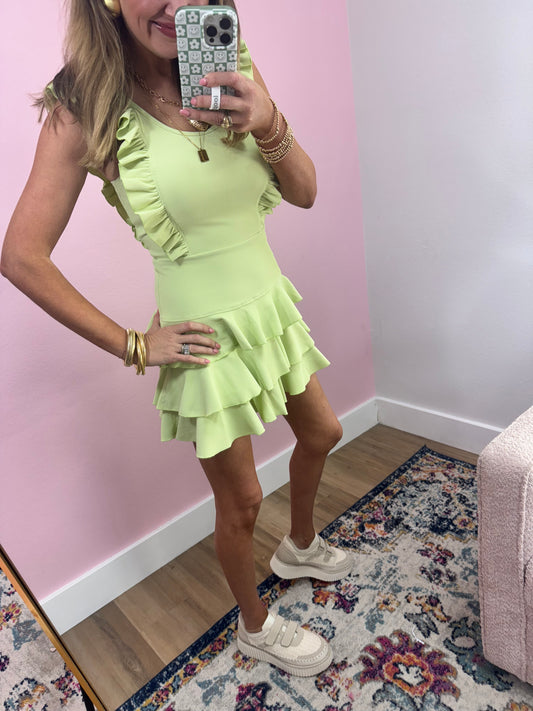 Lime Ribbed Ruffle Sleeve Athletic Dress