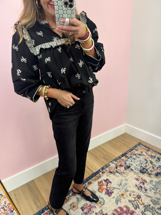 Black and White Bow Print Top