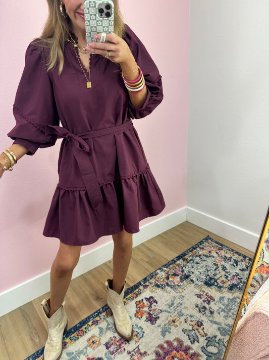 Burgundy Scallop Detail Trim Dress