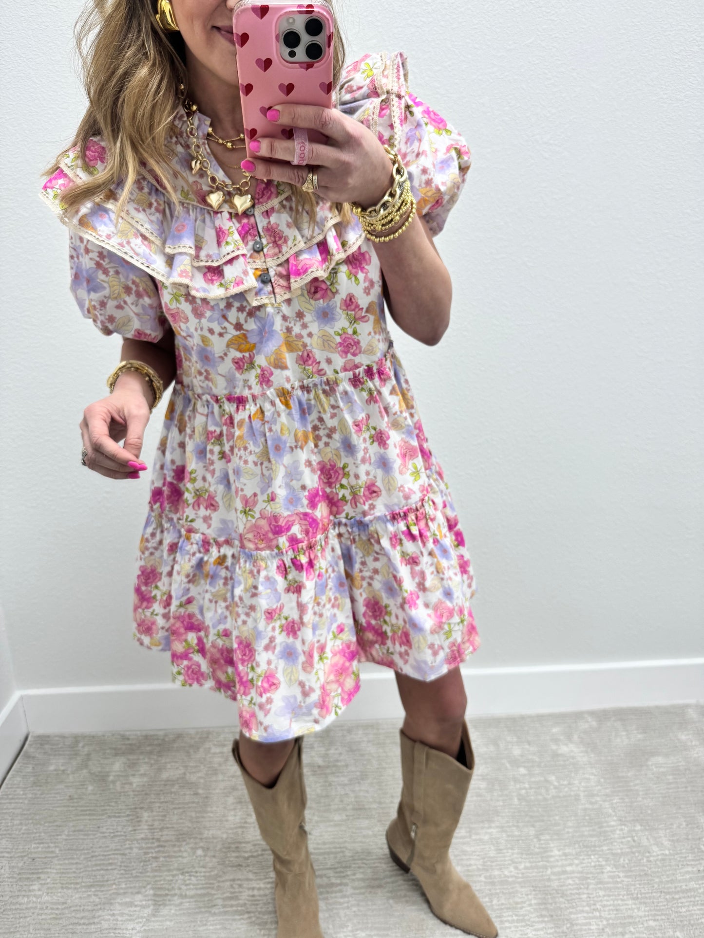 Pink Floral Printed Ruffle Top Dress