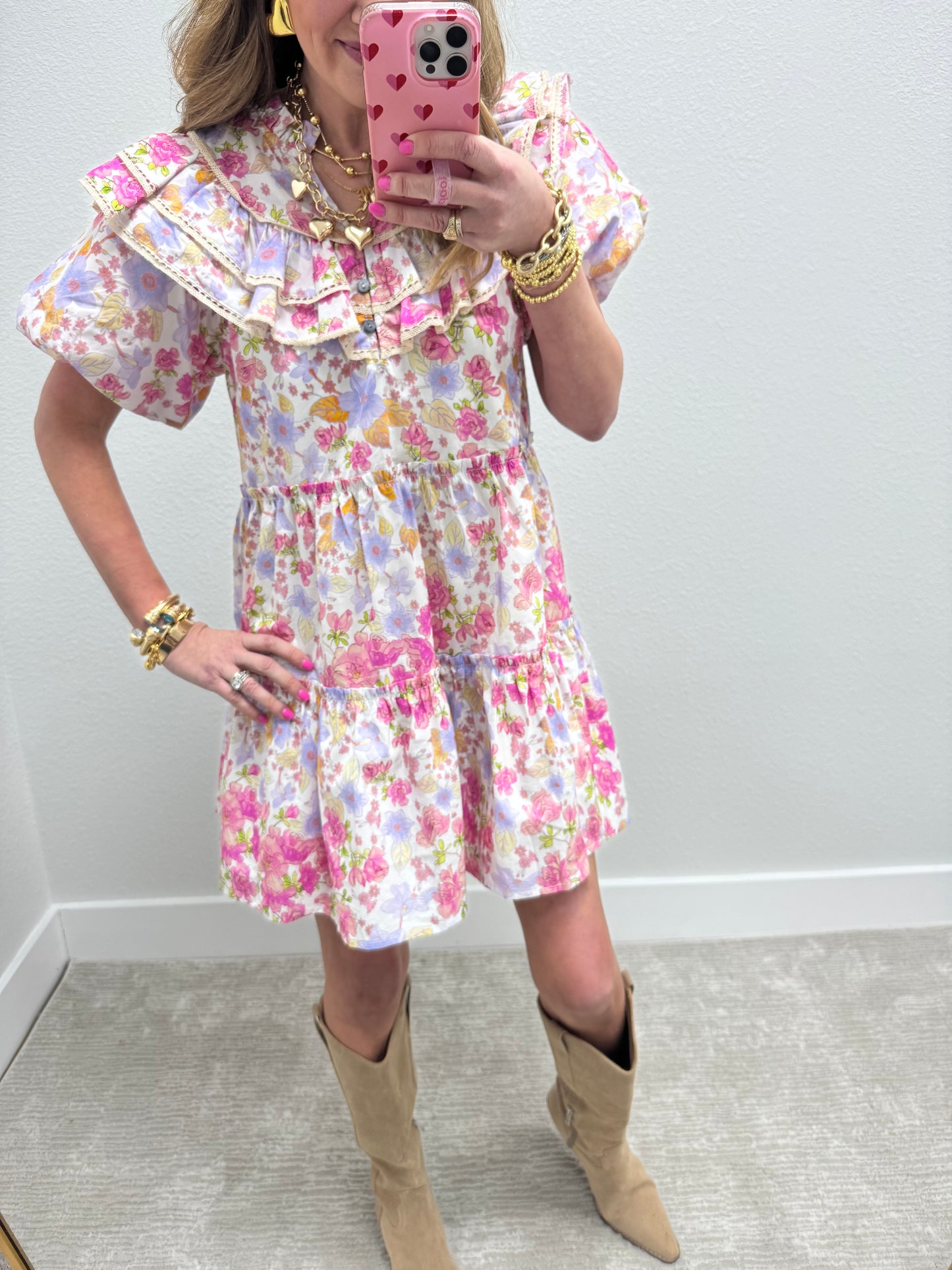 Pink Floral Printed Ruffle Top Dress