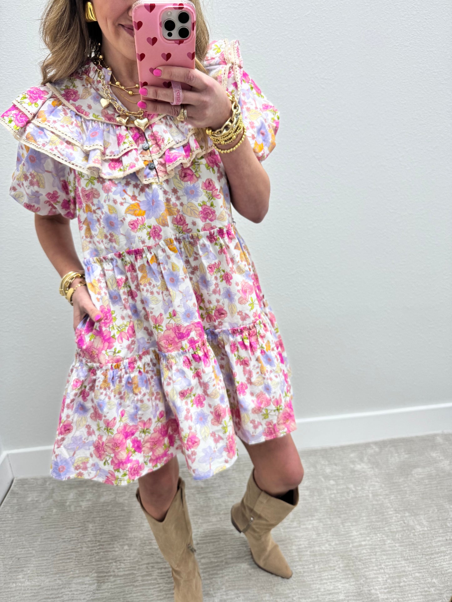 Pink Floral Printed Ruffle Top Dress