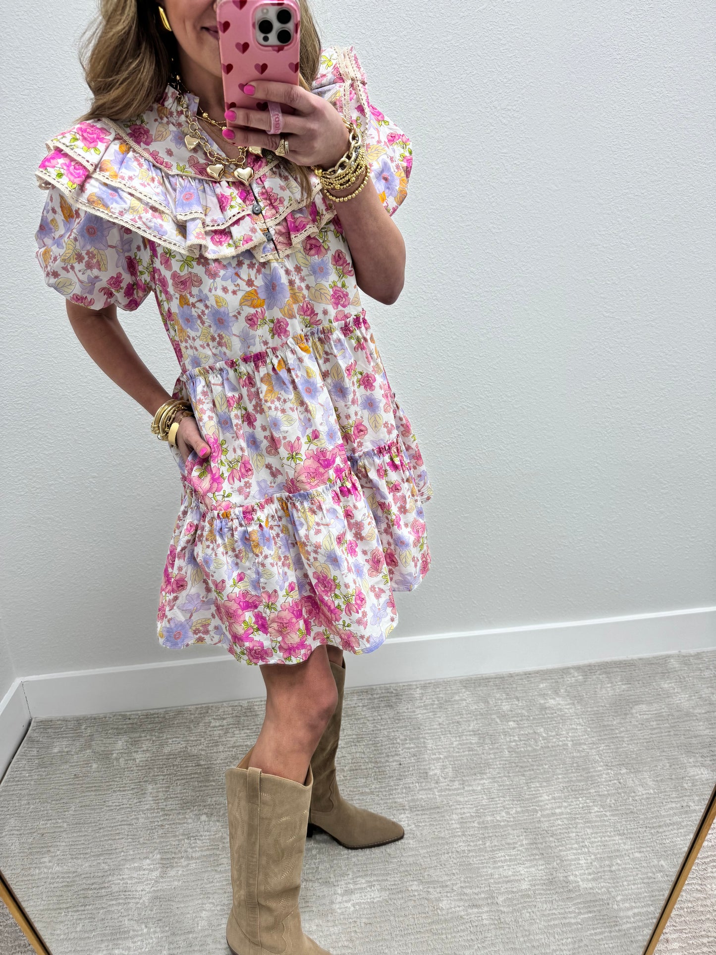 Pink Floral Printed Ruffle Top Dress