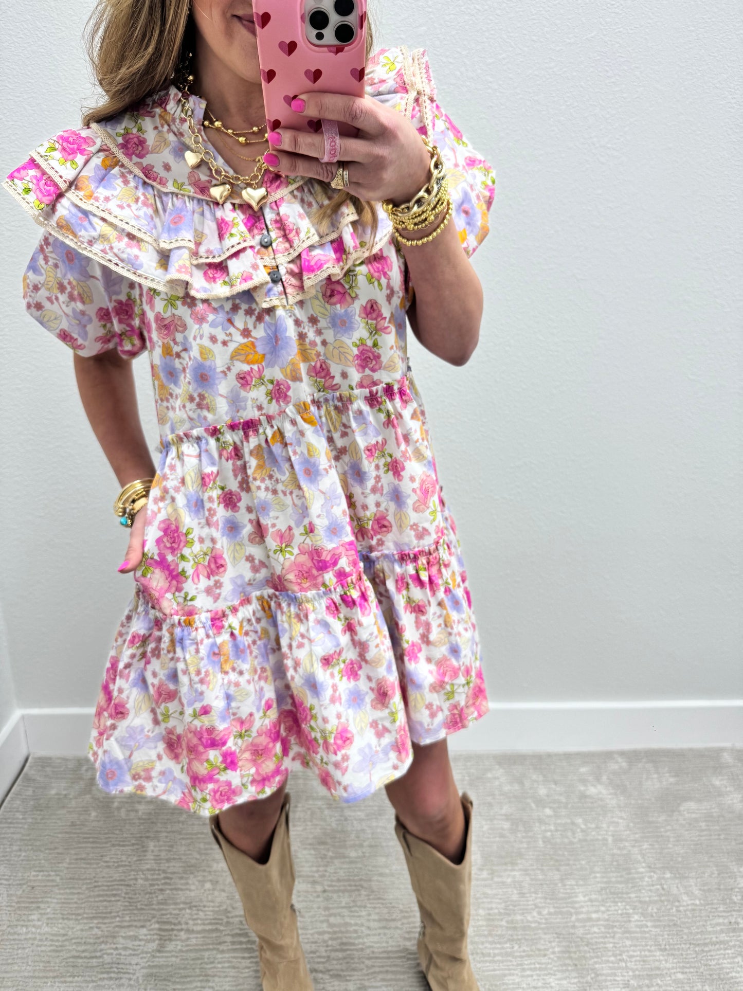 Pink Floral Printed Ruffle Top Dress