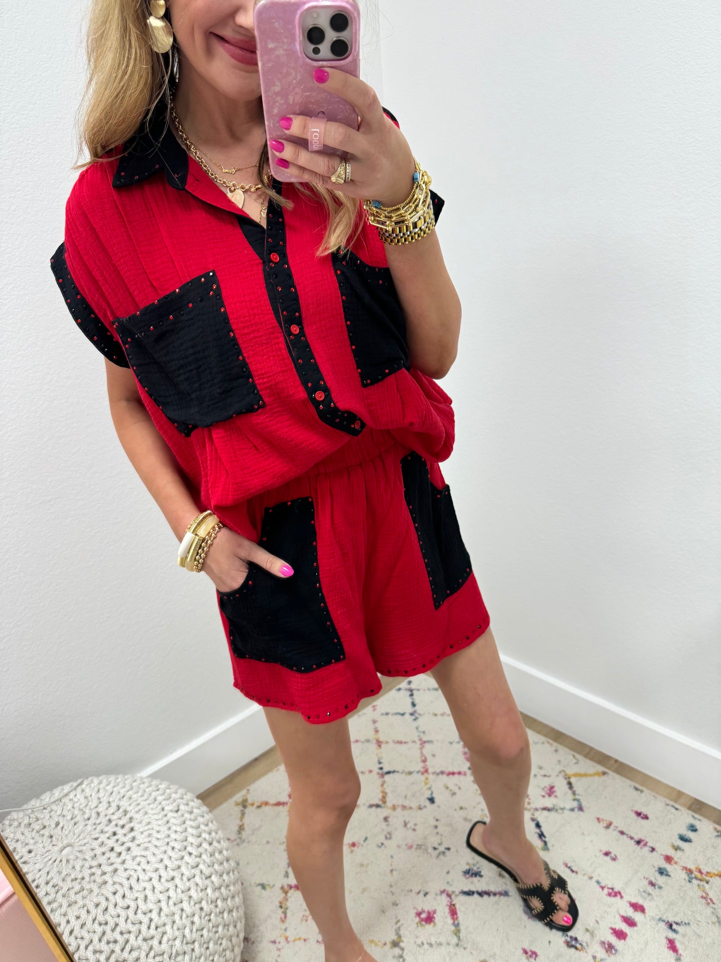 Red and Black Gauze Crystal Two Piece Set FS