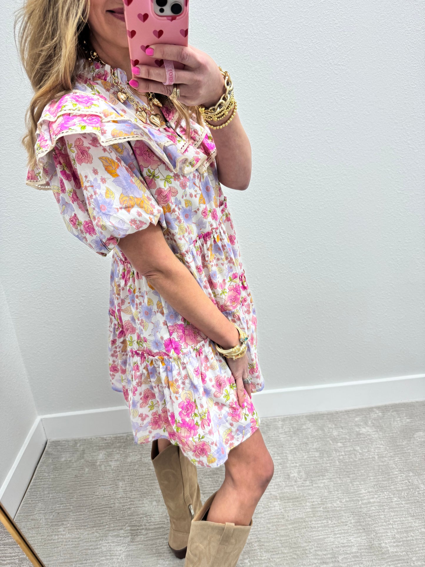 Pink Floral Printed Ruffle Top Dress