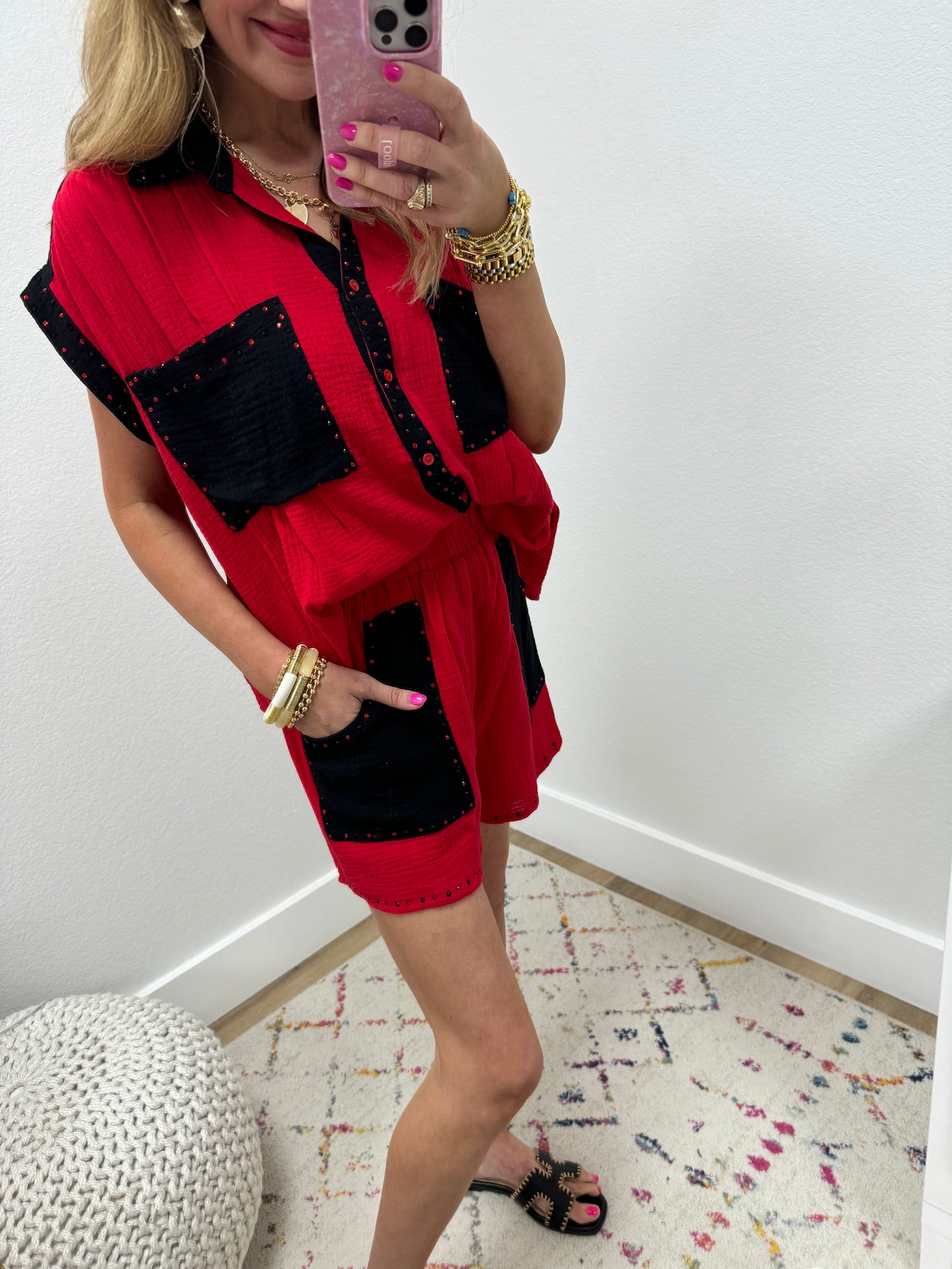 Red and Black Gauze Crystal Two Piece Set FS