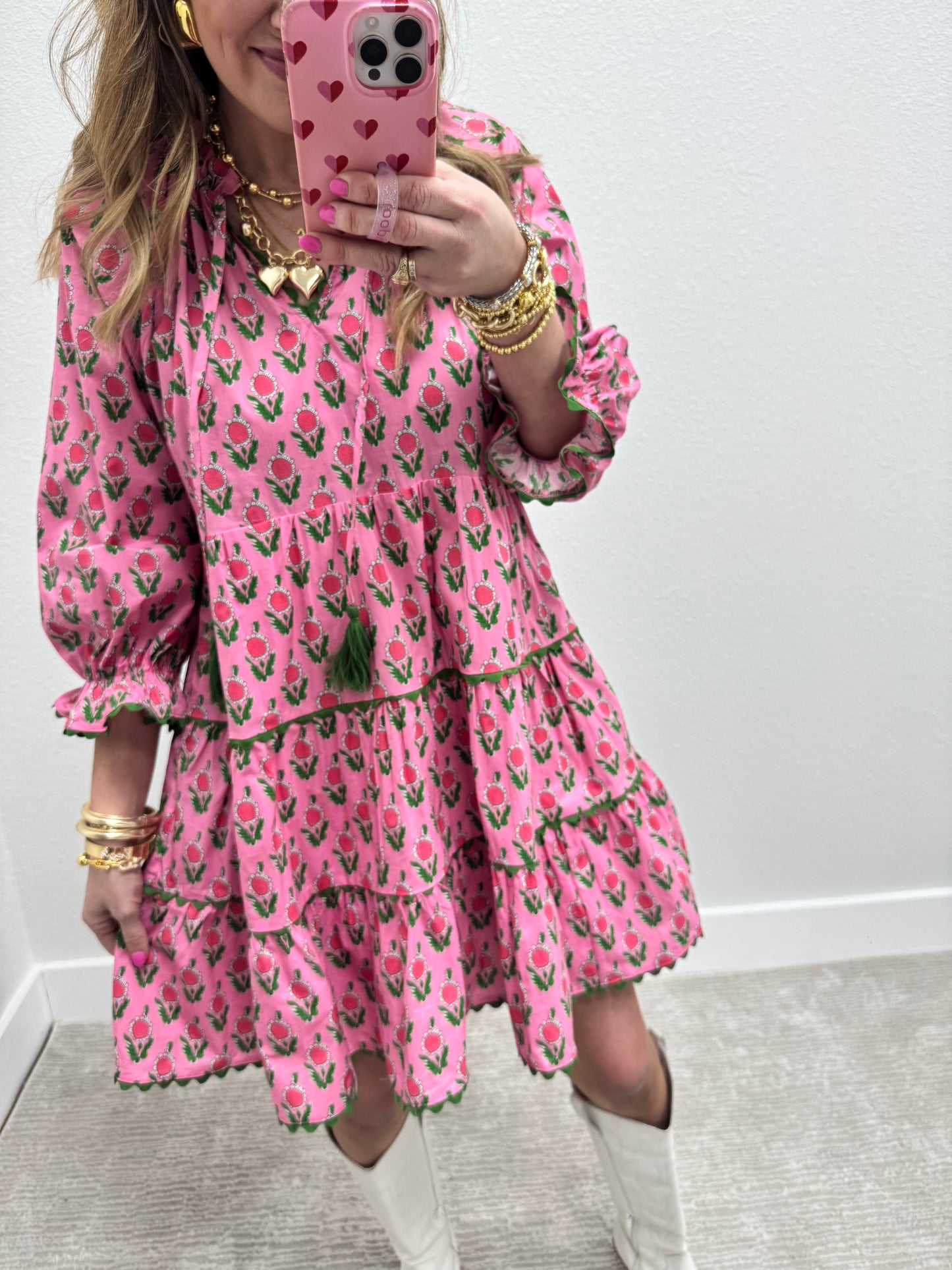 Pink and Green Printed Ruffle Dress