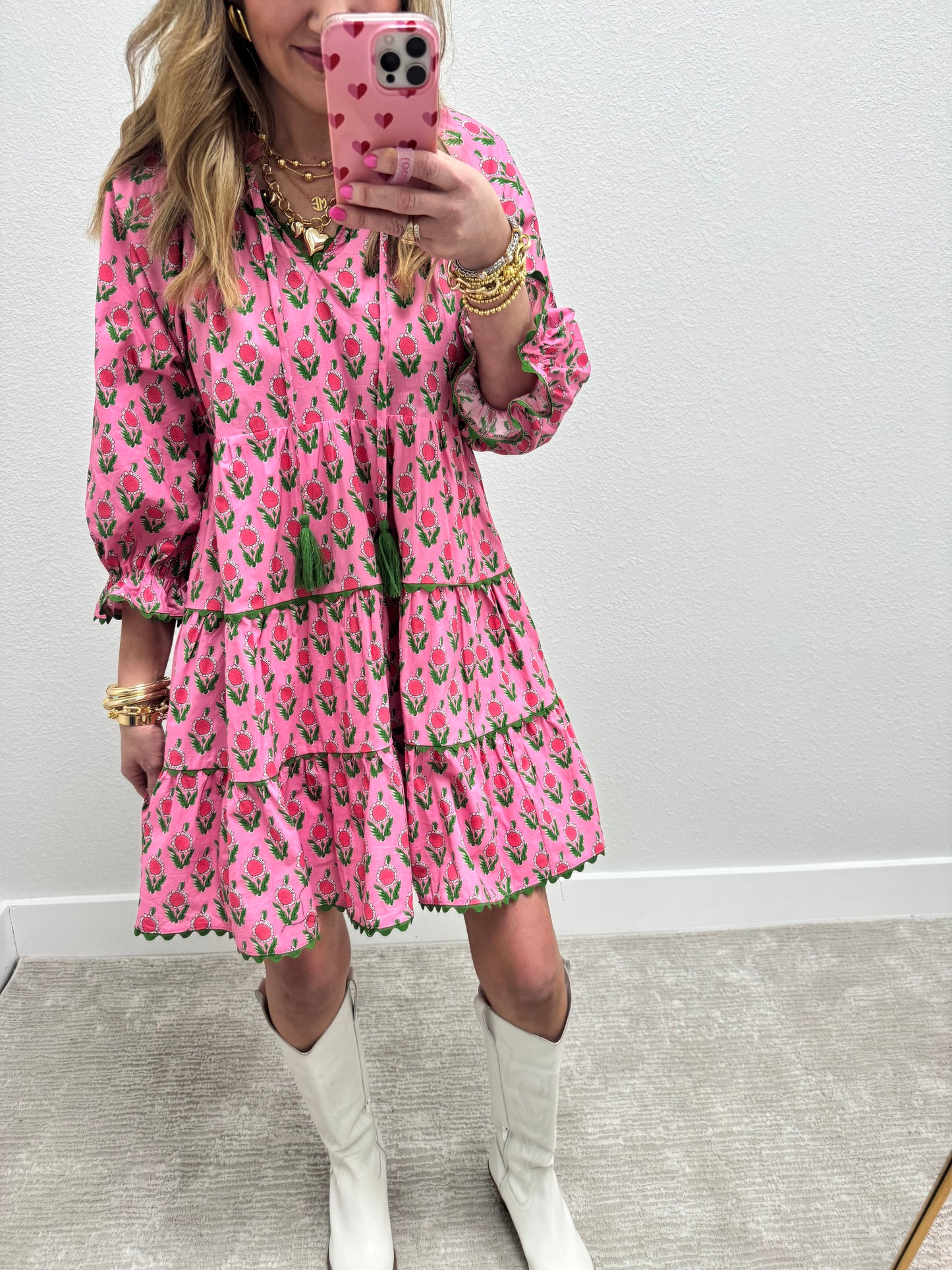 Pink and Green Printed Ruffle Dress