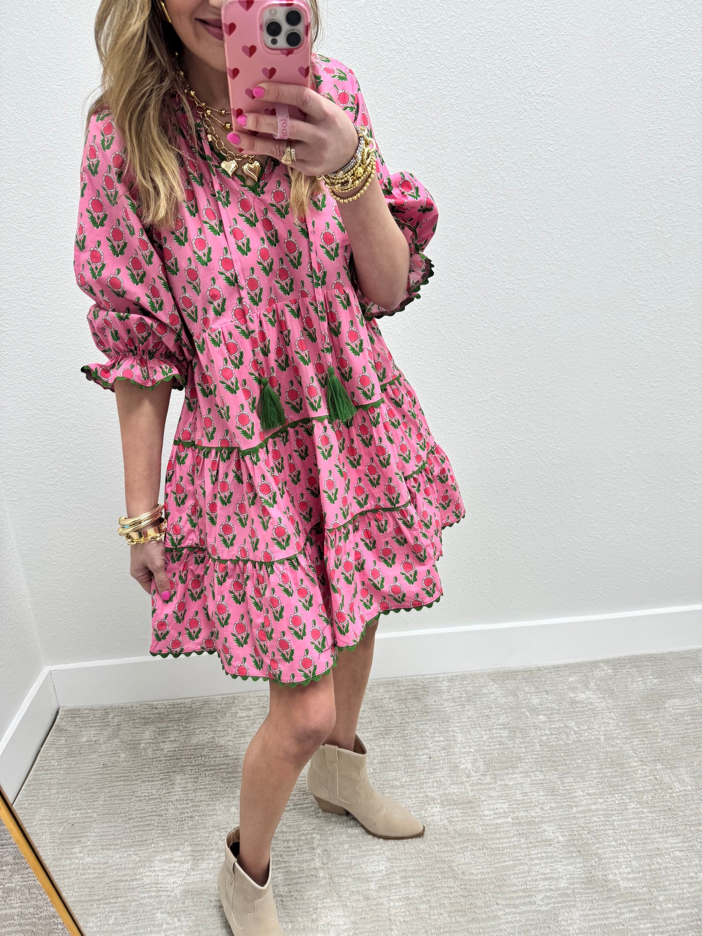 Pink and Green Printed Ruffle Dress