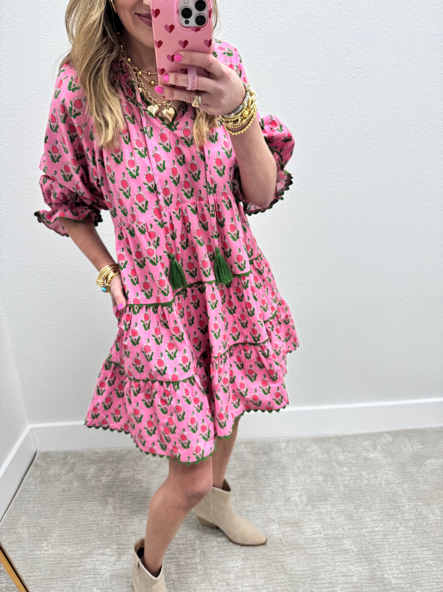 Pink and Green Printed Ruffle Dress