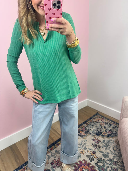 Kelly Green Long Sleeve Baby Waffle Top