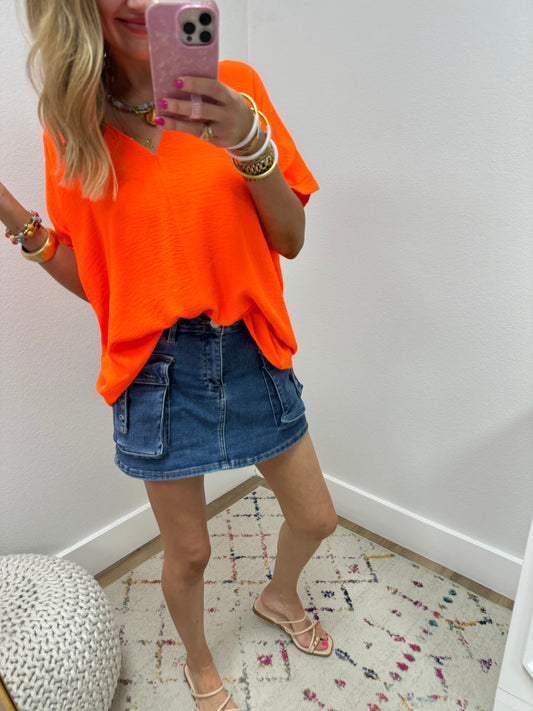 Neon Orange Solid V Neck Top FS