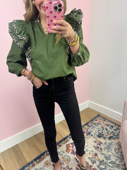 Army Green Leopard Trim Ruffle Sleeve Top