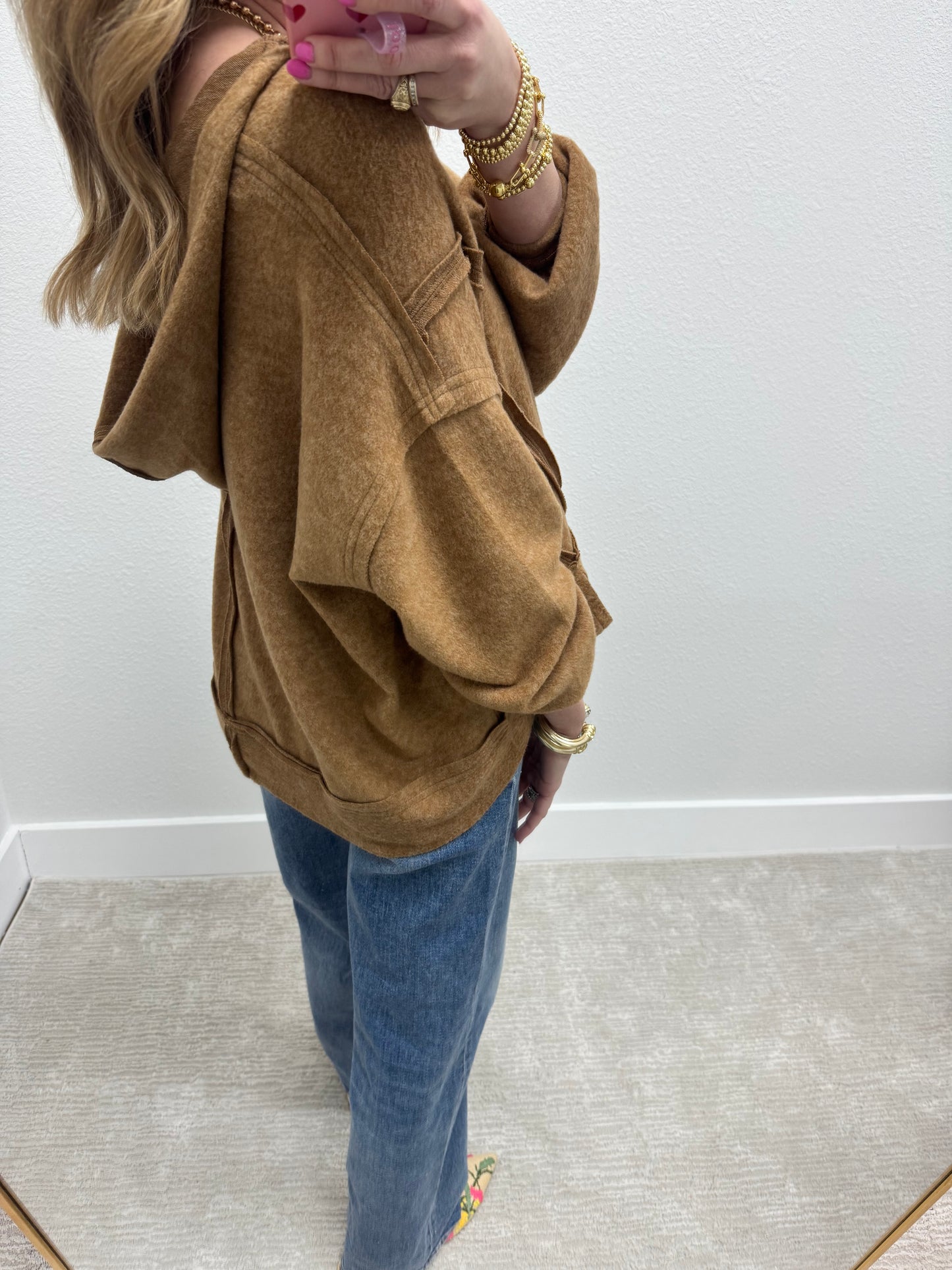 Camel Melange Hooded Split Hem Pullover