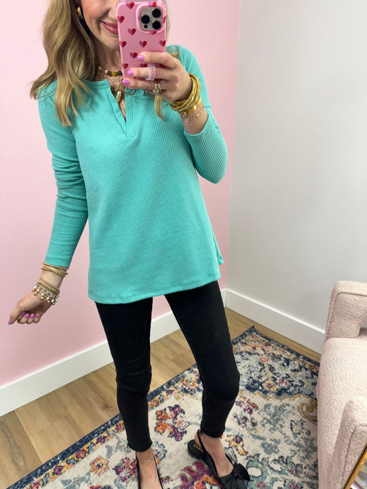 Turquoise Long Sleeve Baby Waffle Top