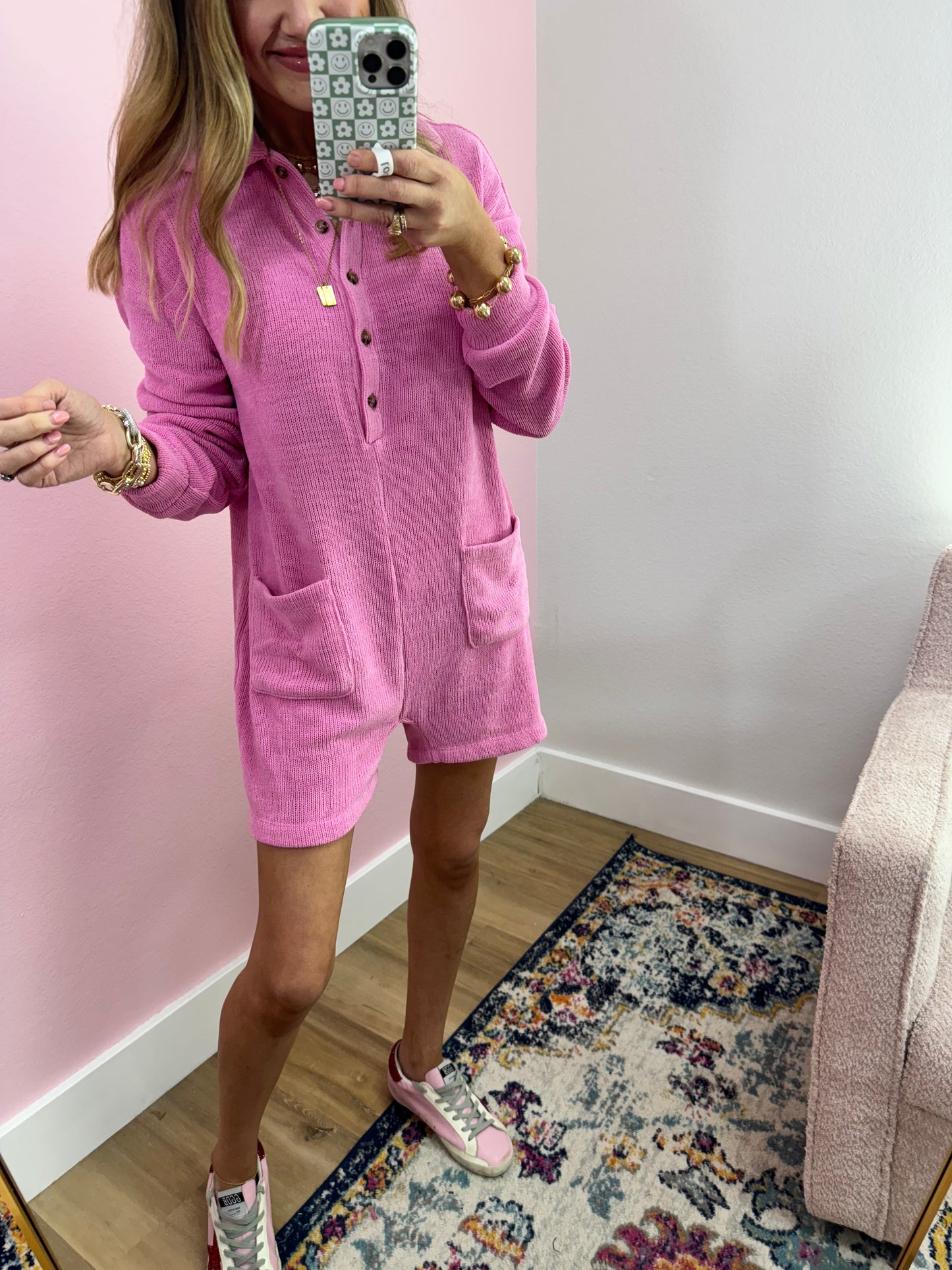 Dusty Rose Long Sleeve Button Down Romper