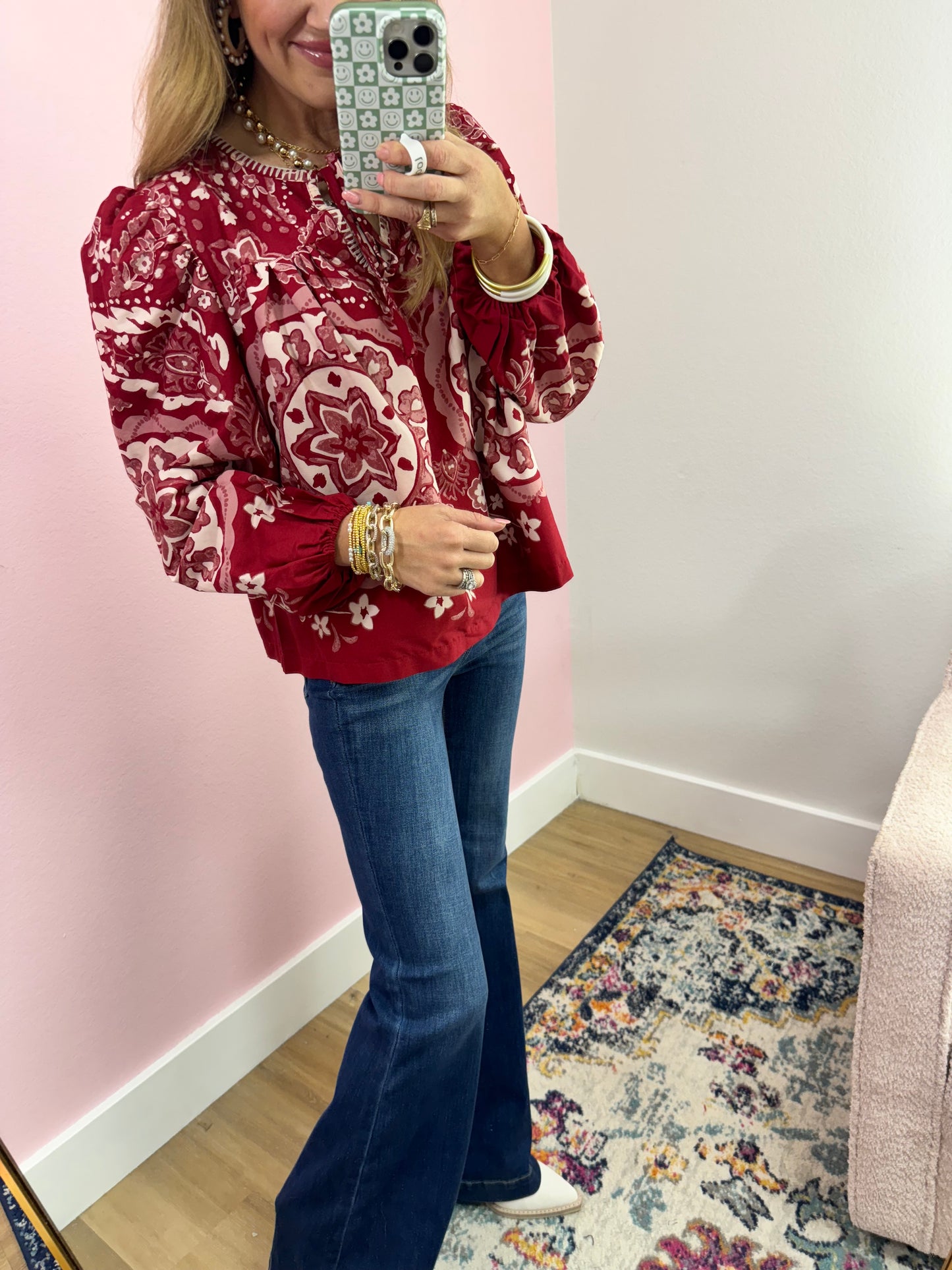 Wine Printed Puff Sleeve Long Sleeve Top