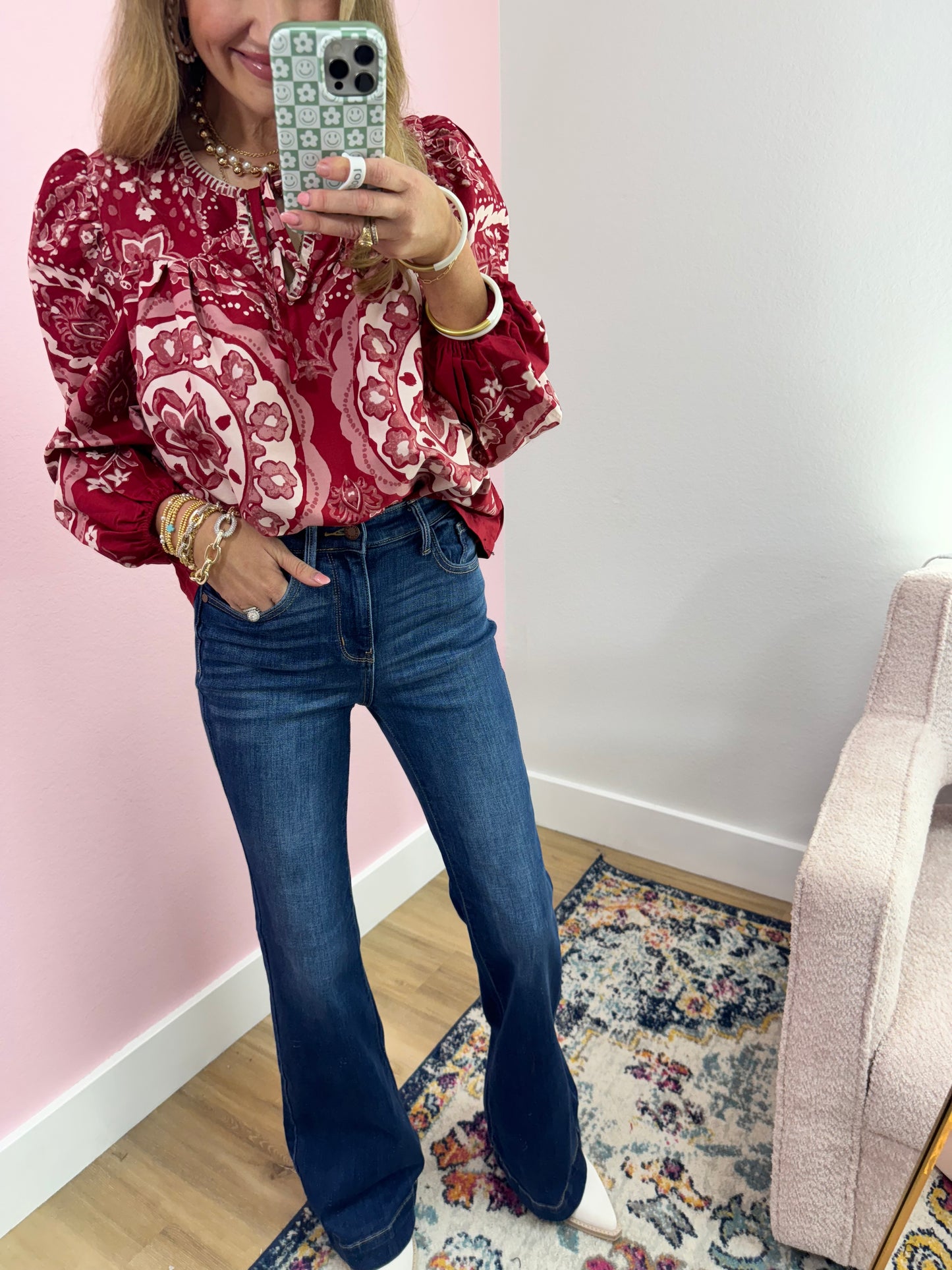 Wine Printed Puff Sleeve Long Sleeve Top