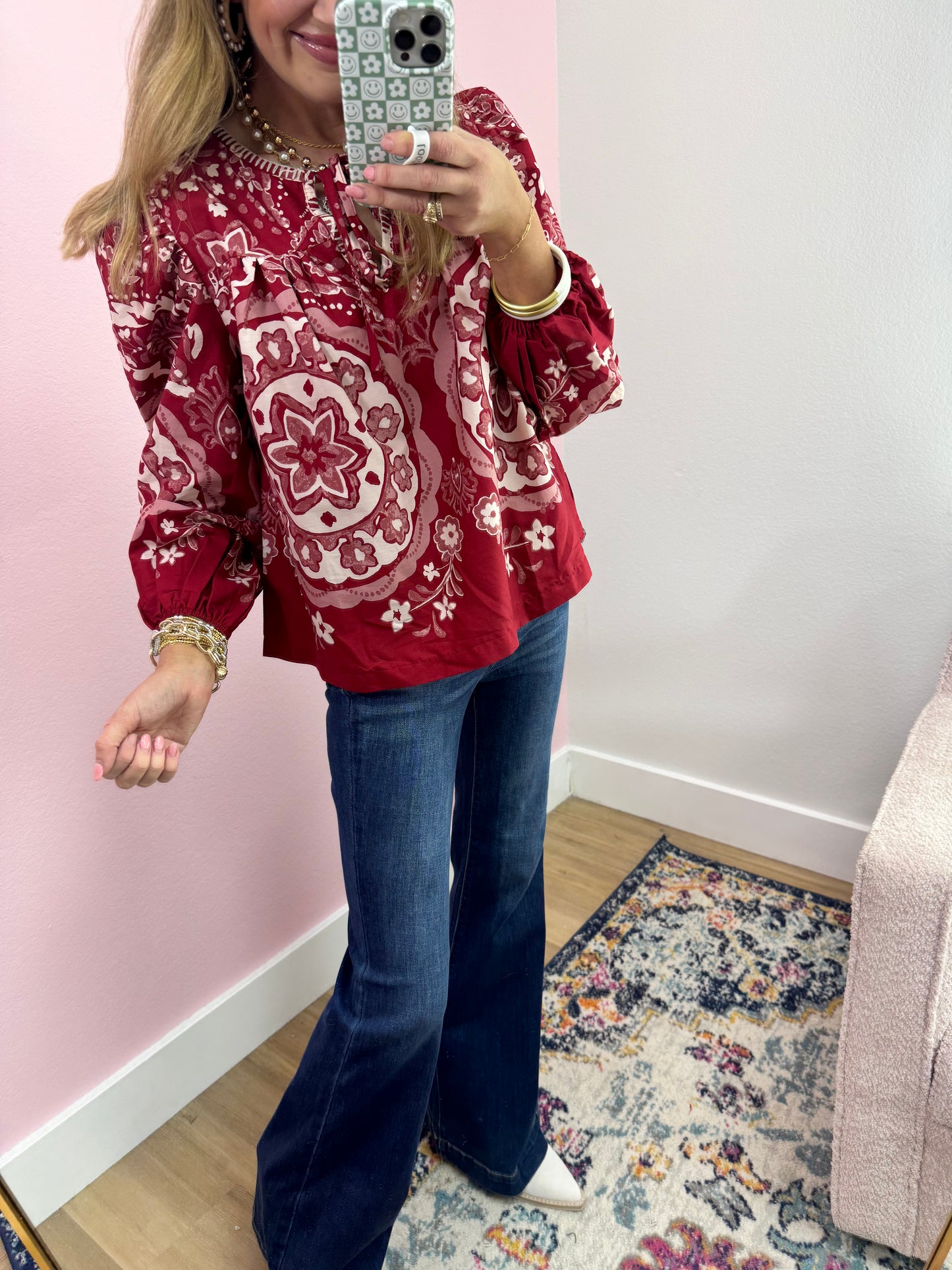 Wine Printed Puff Sleeve Long Sleeve Top