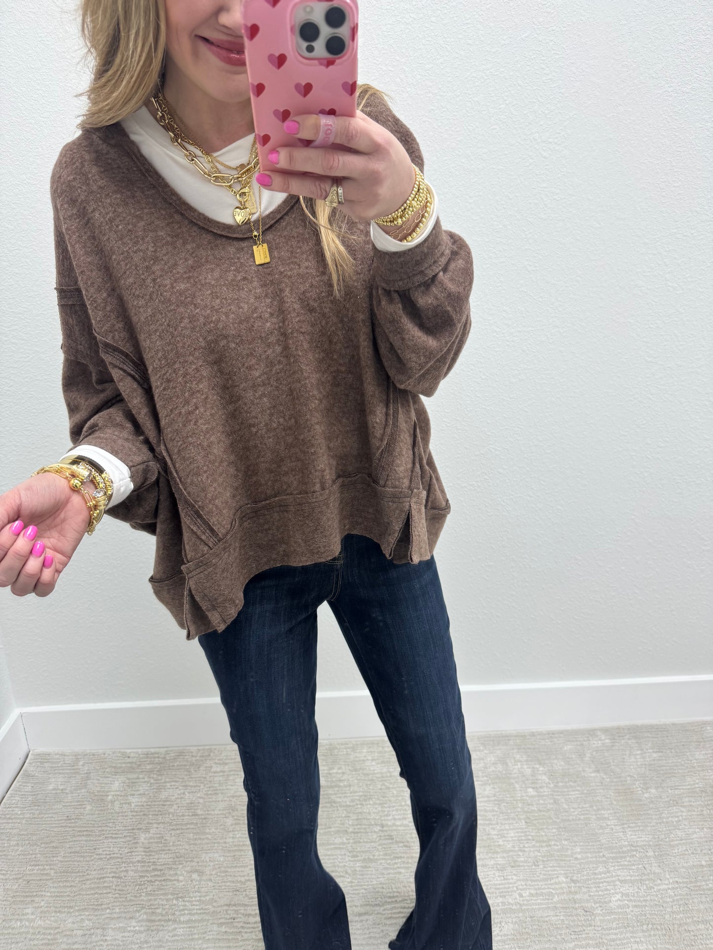 Brown Melange Hooded Split Hem Pullover