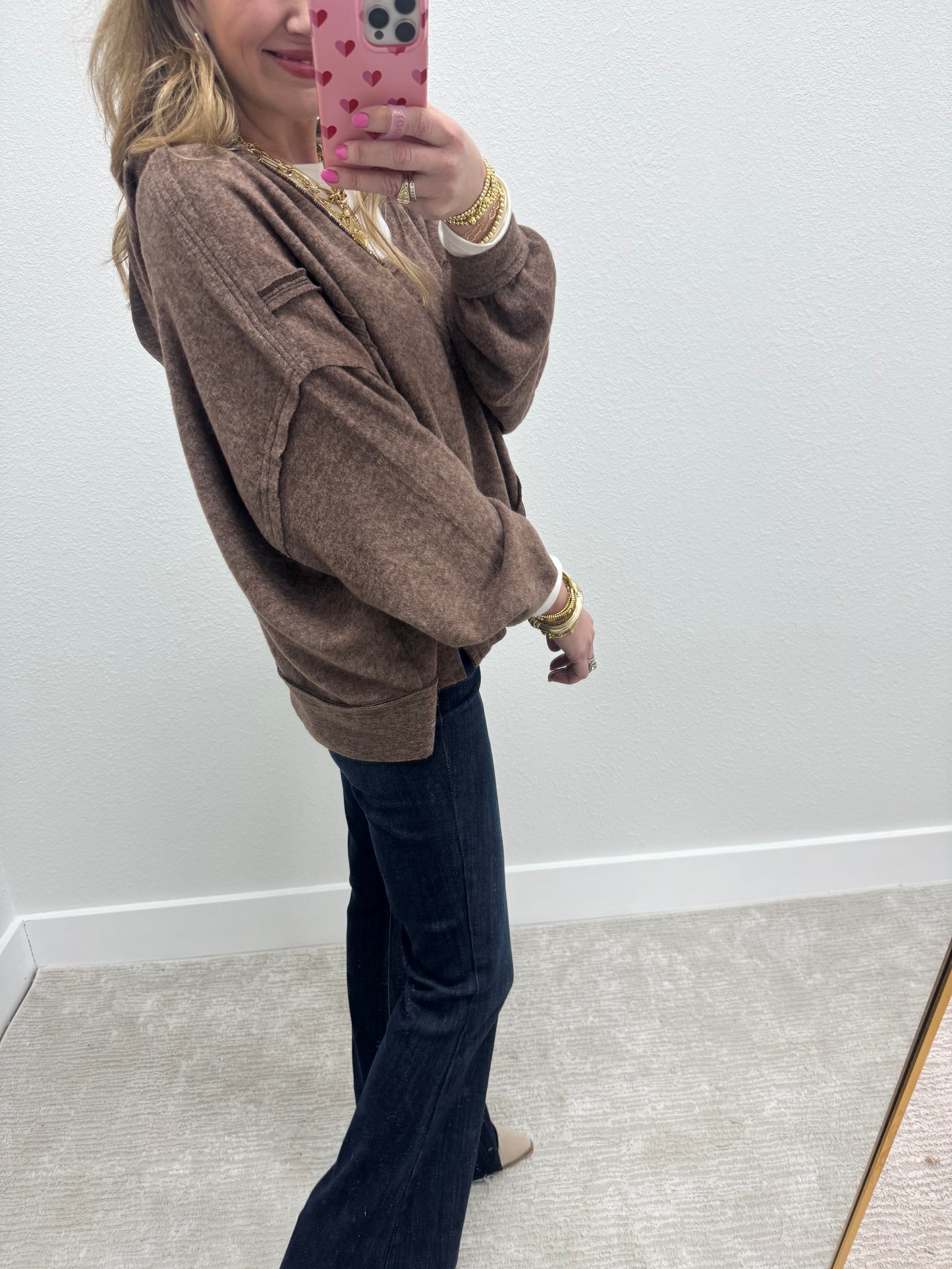 Brown Melange Hooded Split Hem Pullover