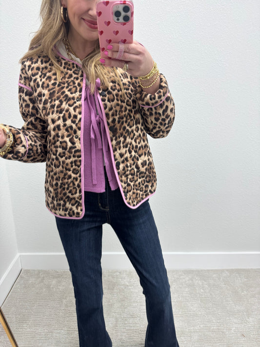 Mauve Trim Quilted Leopard Jacket