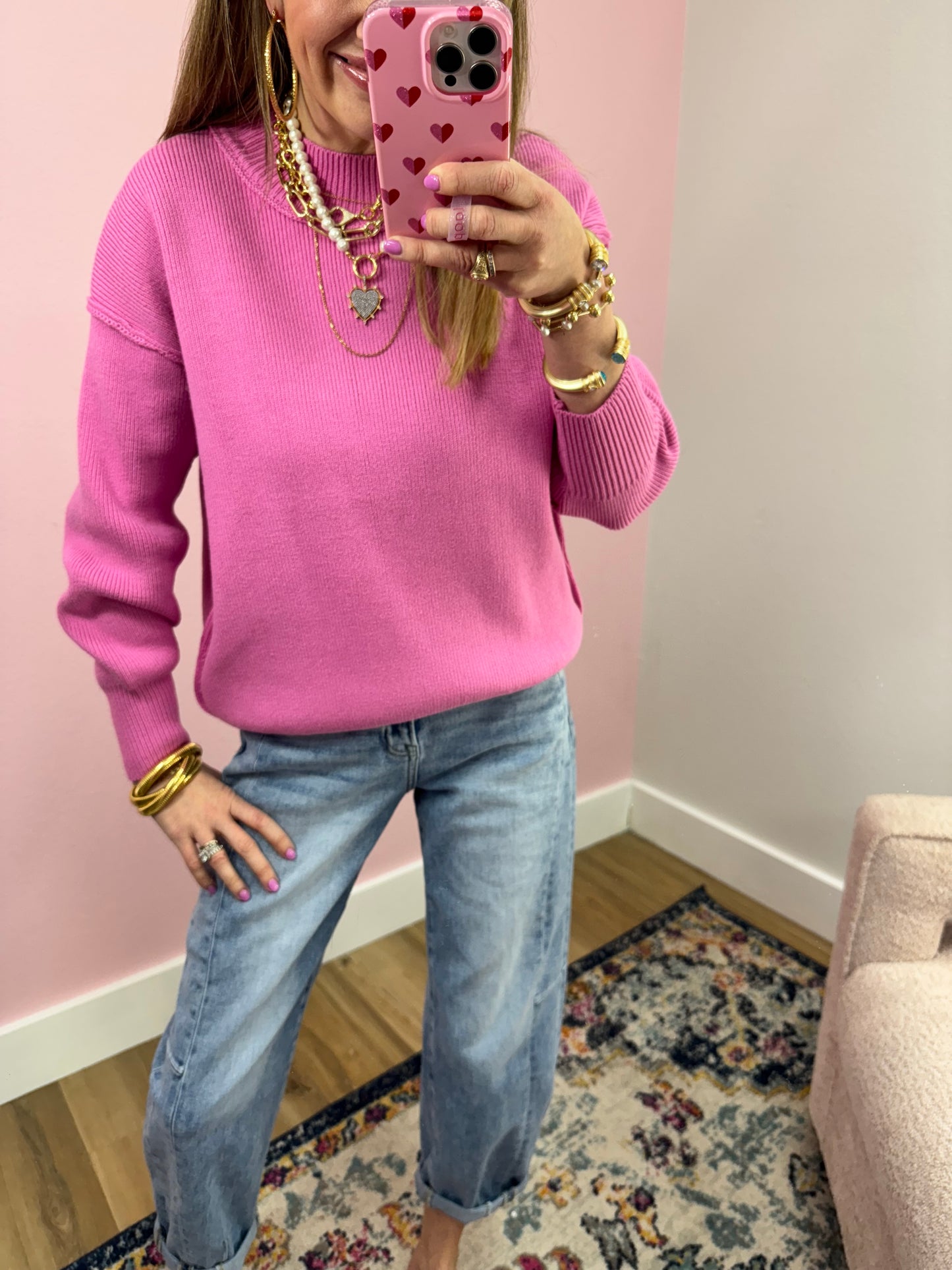 Candy Pink Mock Neck Classic Version Sweater