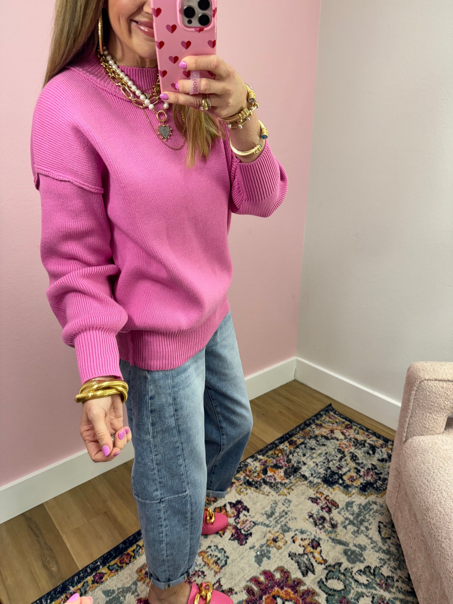 Candy Pink Mock Neck Classic Version Sweater