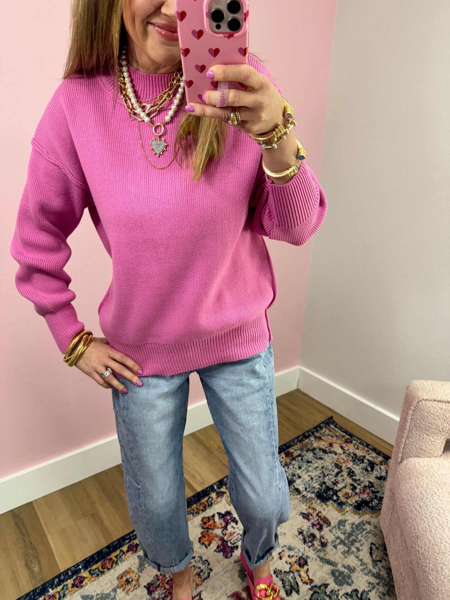 Candy Pink Mock Neck Classic Version Sweater