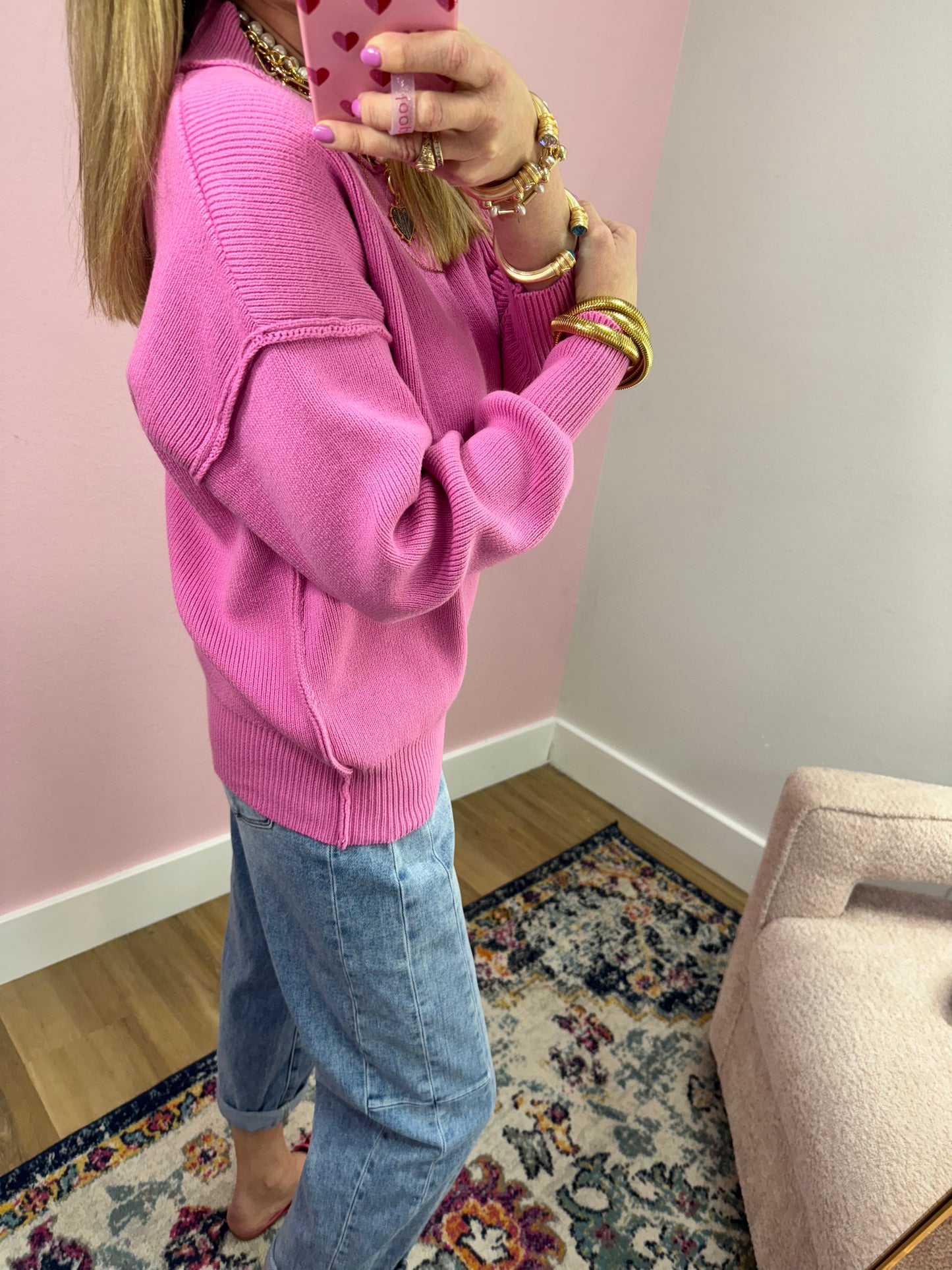 Candy Pink Mock Neck Classic Version Sweater