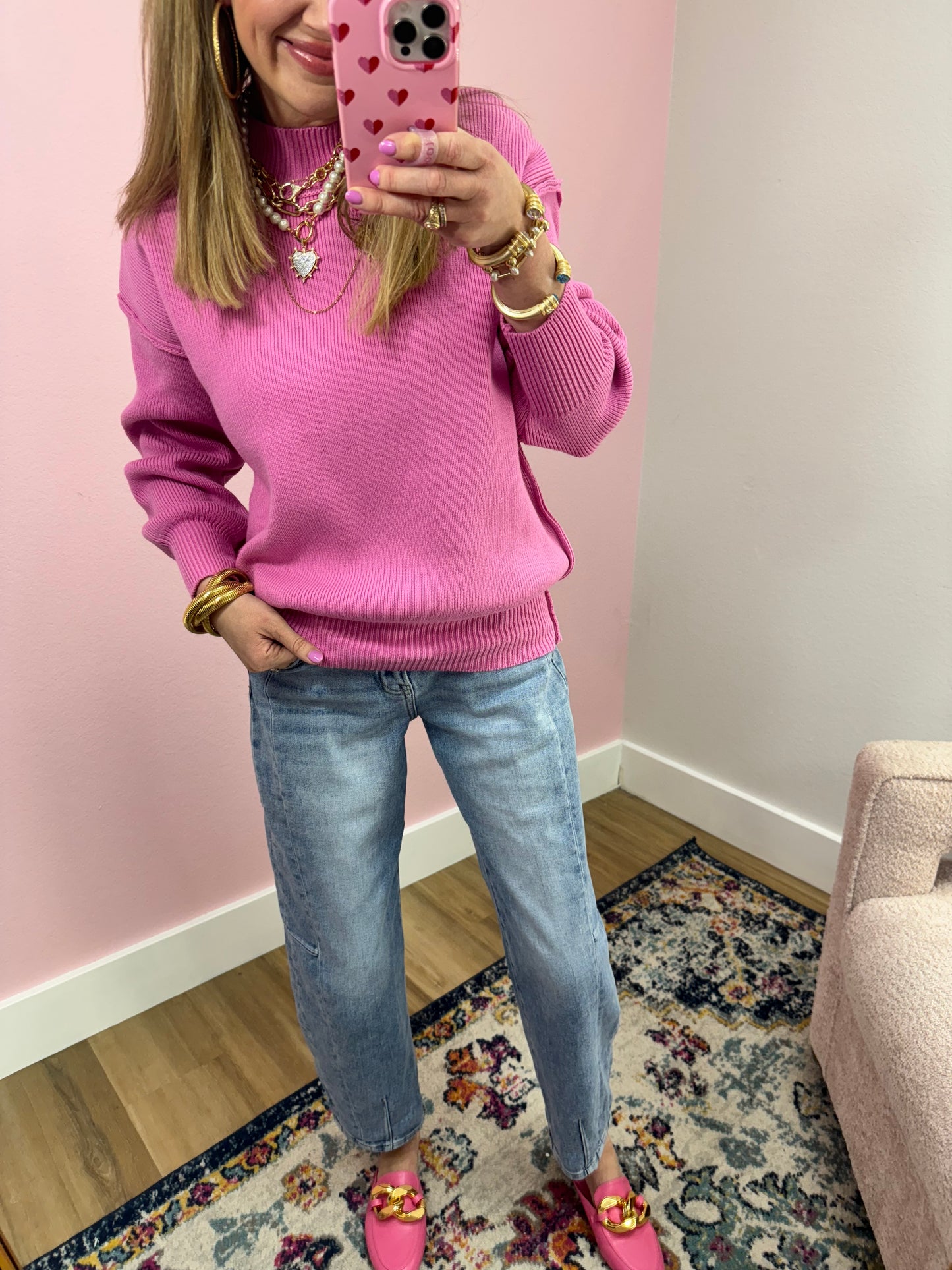 Candy Pink Mock Neck Classic Version Sweater