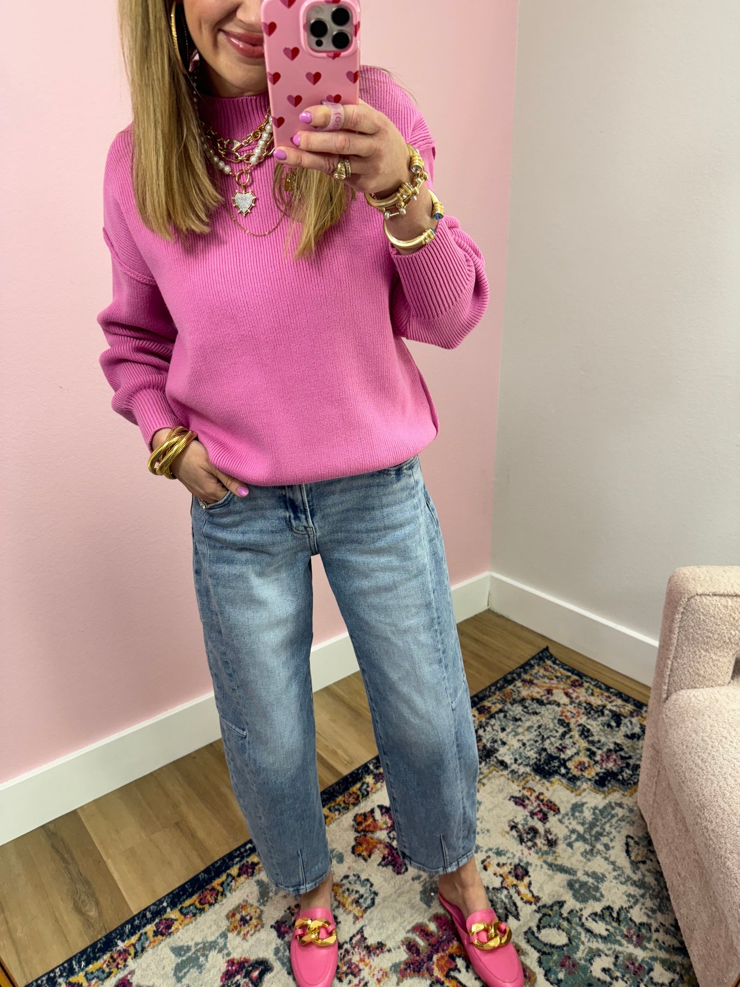 Candy Pink Mock Neck Classic Version Sweater