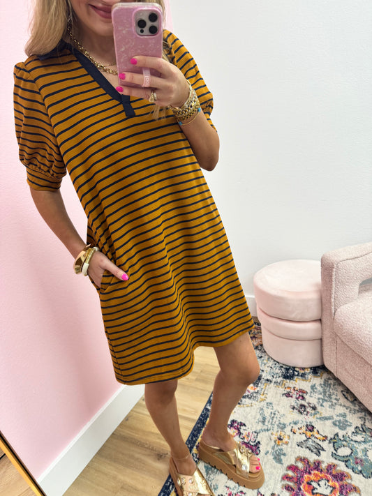 Camel and Navy Striped Short Sleeve Dress