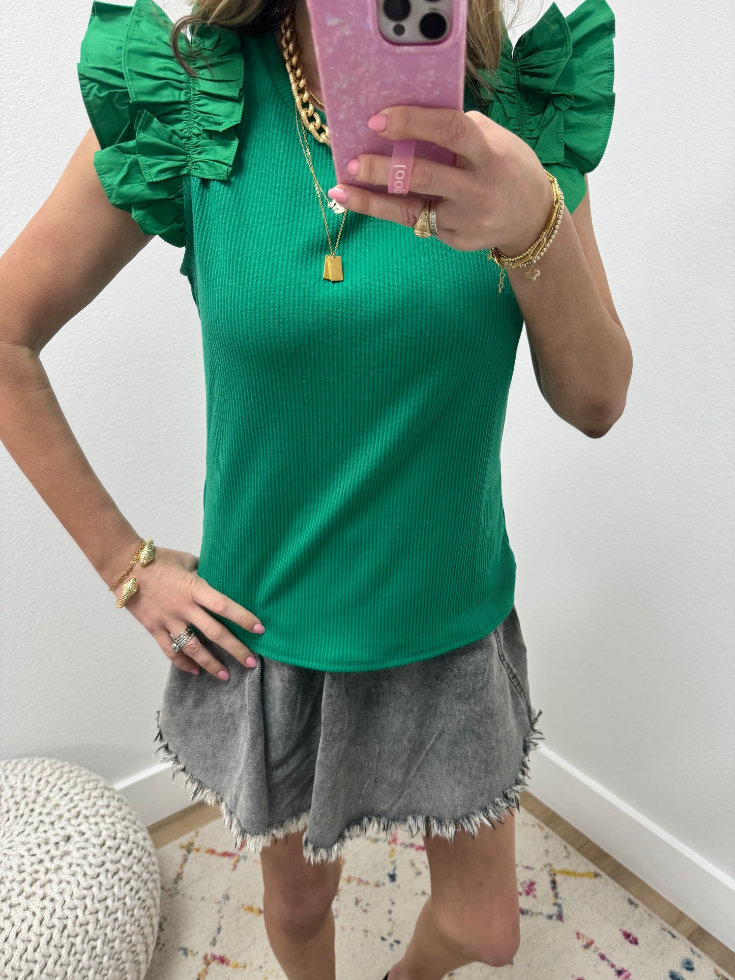 Green Ribbed Futter Sleeve Top FS