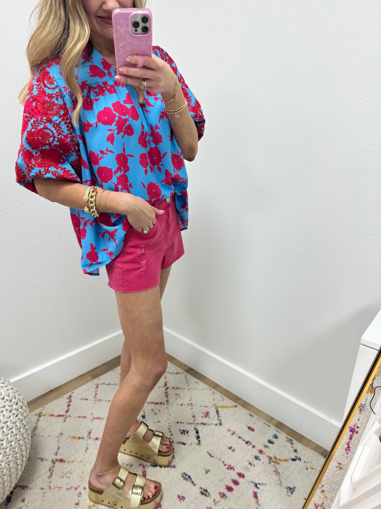 Pink and Blue Embroidered Sleeve Top FS