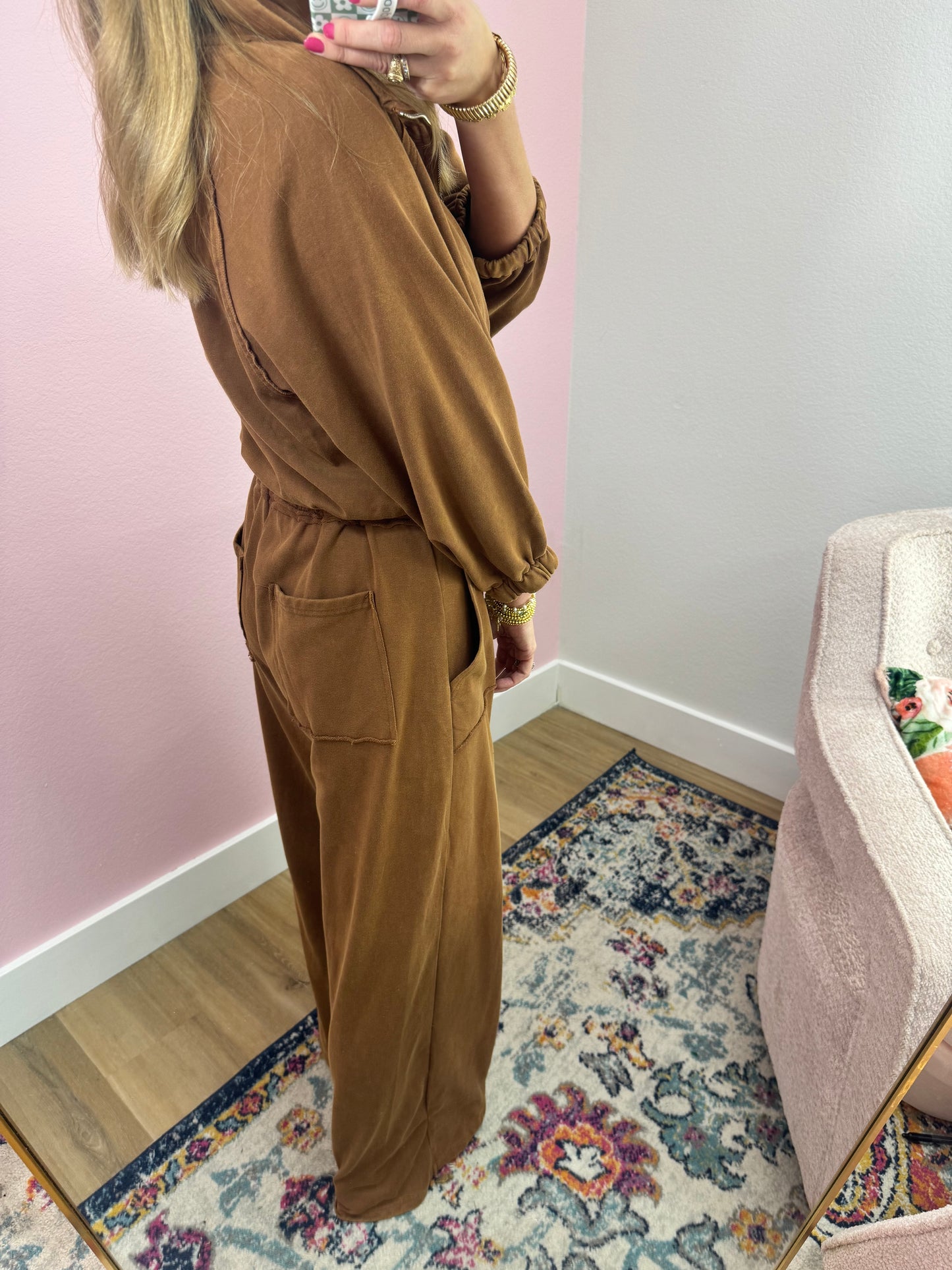 Brown Long Sleeve Wide Leg Zipper Jumpsuit