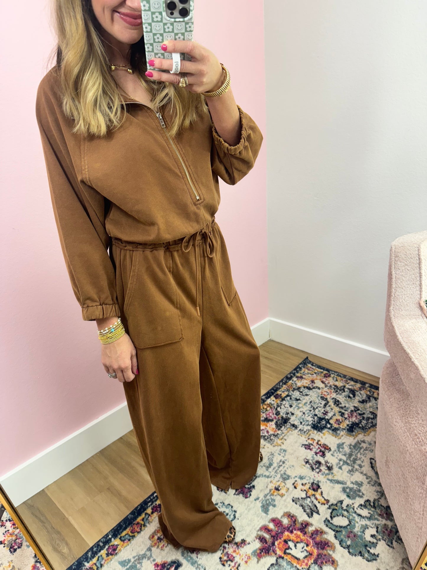 Brown Long Sleeve Wide Leg Zipper Jumpsuit