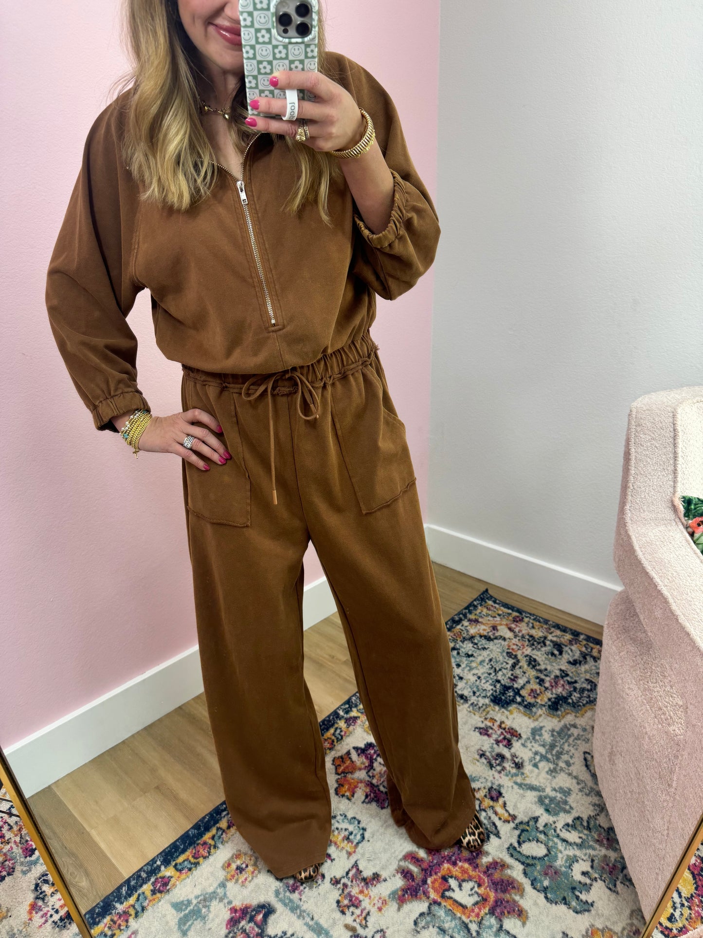 Brown Long Sleeve Wide Leg Zipper Jumpsuit