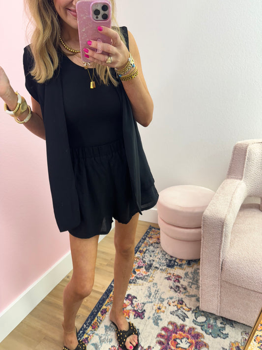 Black Short Sleeve Blazer Set