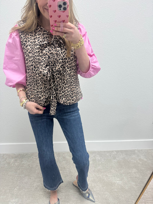 Leopard Tie Front Quilted Vest