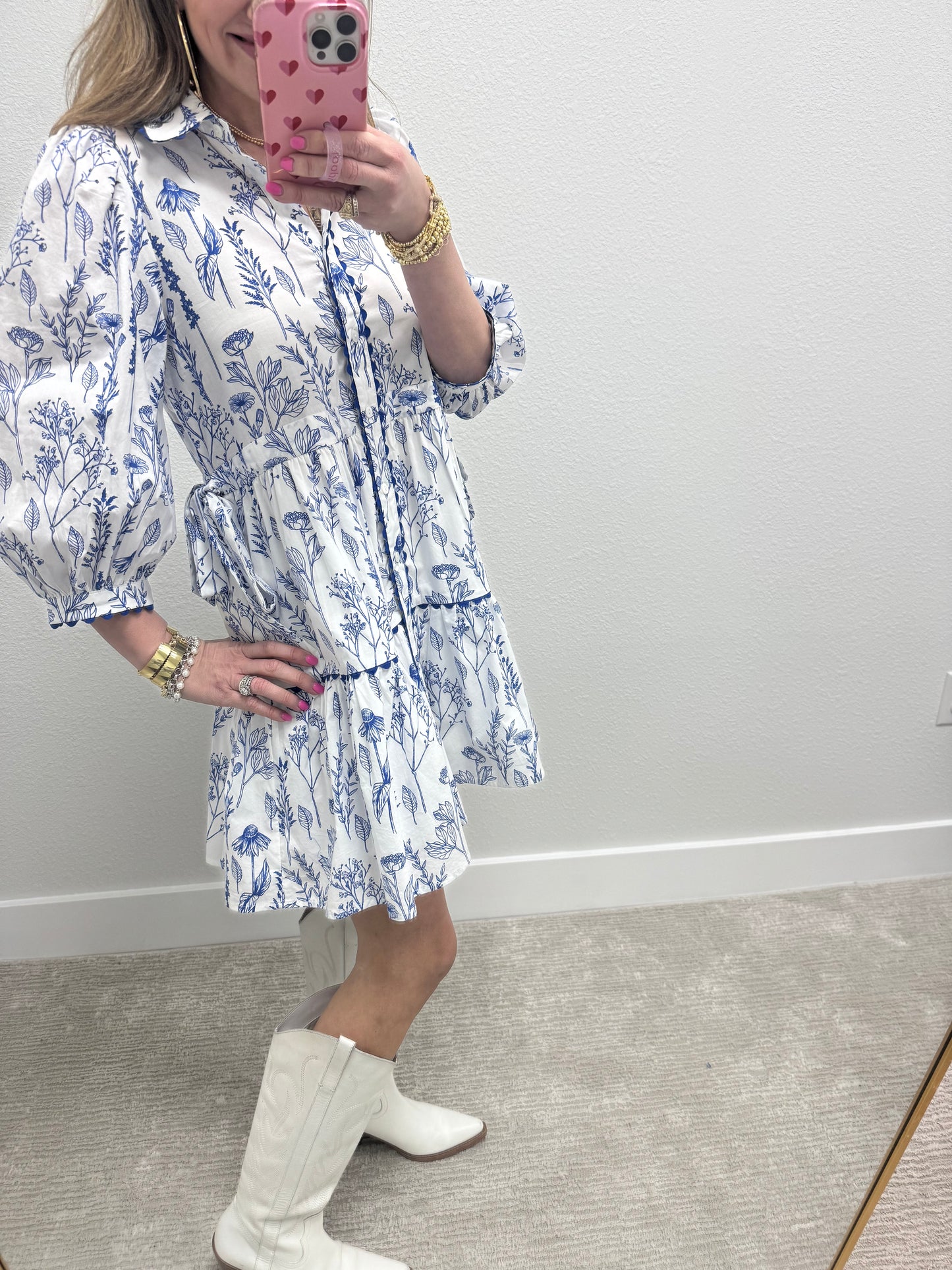 Blue and White Floral Printed Dress