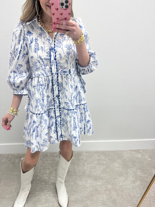 Blue and White Floral Printed Dress