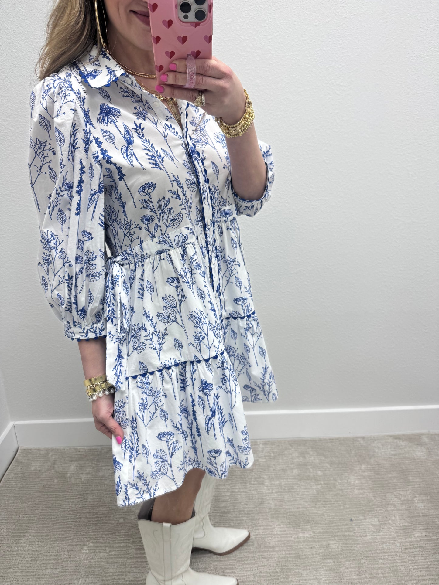 Blue and White Floral Printed Dress