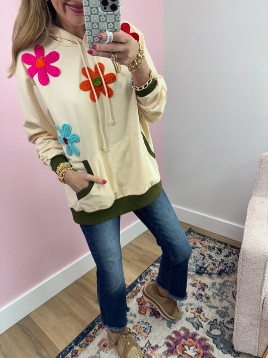 Oatmeal Patched Flower Hoodie Pull Over