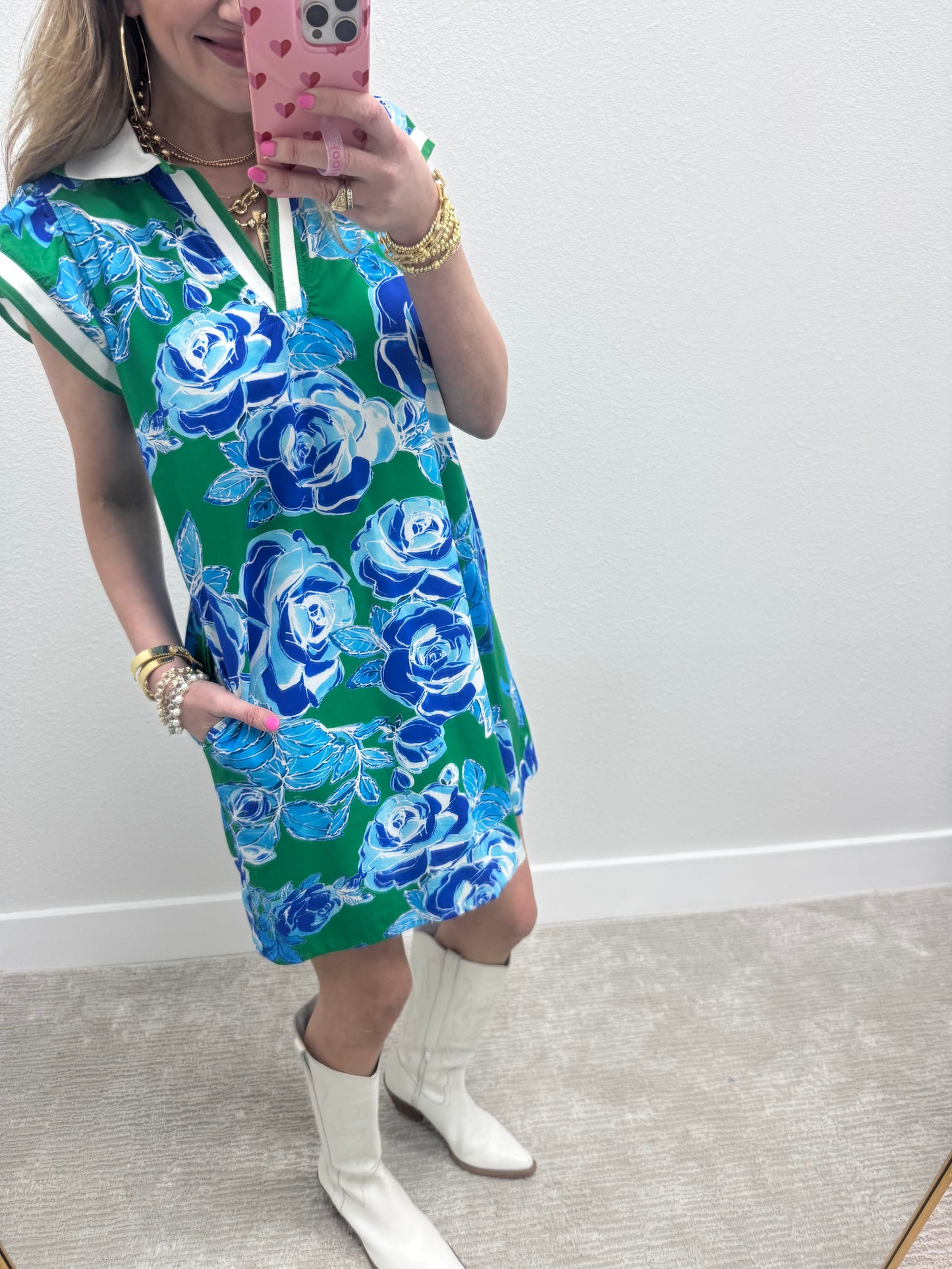 Green and Blue Floral Printed Collared Dress