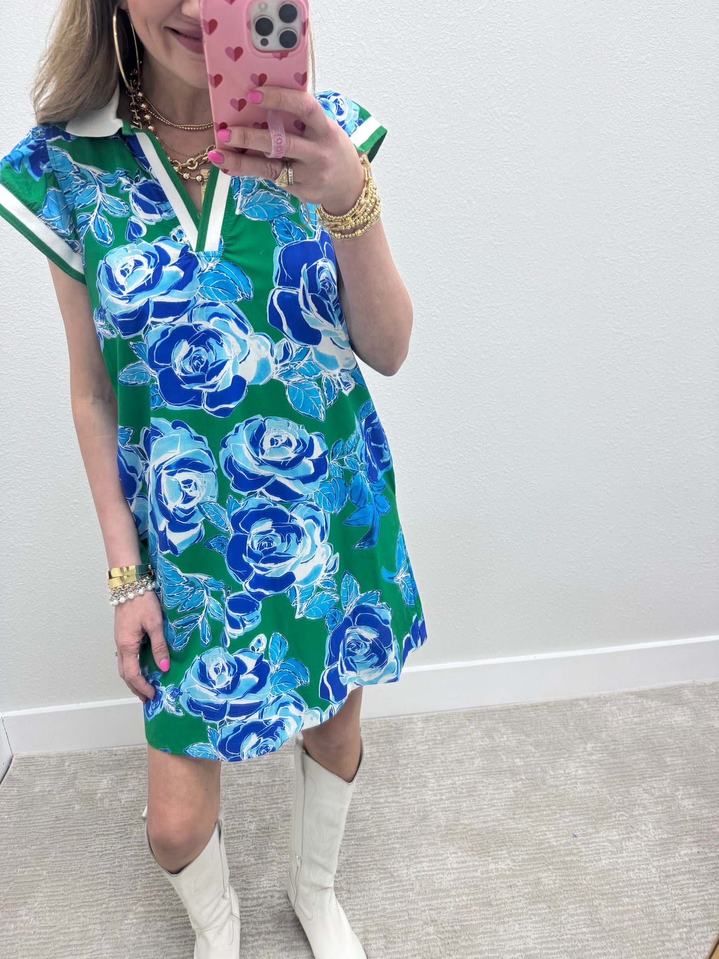 Green and Blue Floral Printed Collared Dress