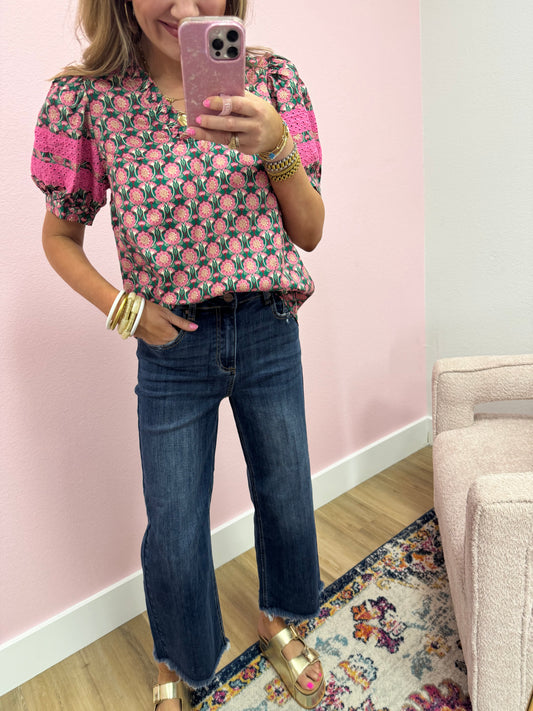 Pink and Green Puff Sleeve Floral Top